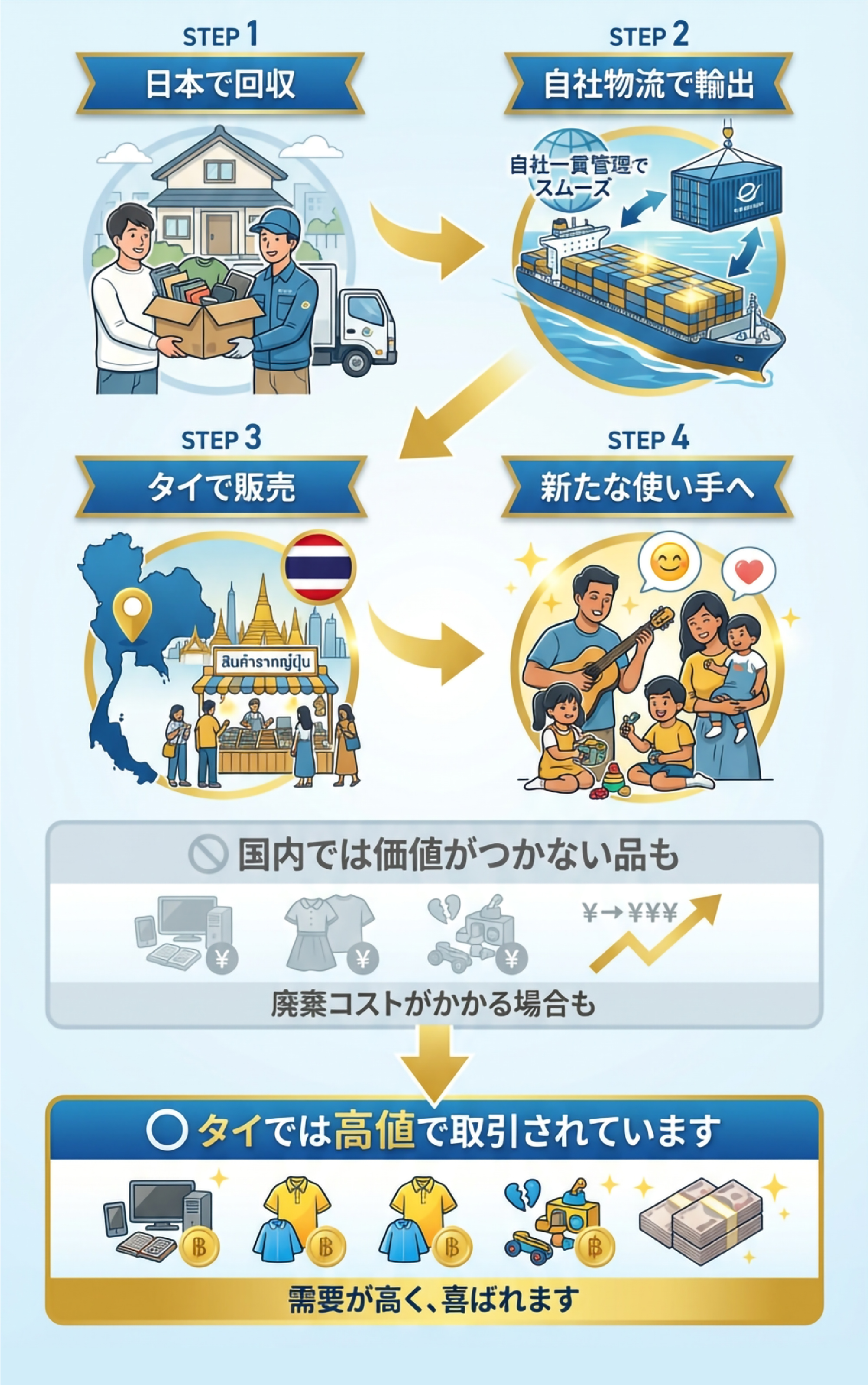 不用品輸出のフロー図。STEP1:日本で回収、STEP2:自社物流で輸出(自社一貫管理)、STEP3:タイで販売、STEP4:新たな使い手へ。下段では、国内では価値がつかず廃棄コストがかかるPC・衣類・玩具などが、タイでは需要が高く高値で取引され、喜ばれることを示しています。
