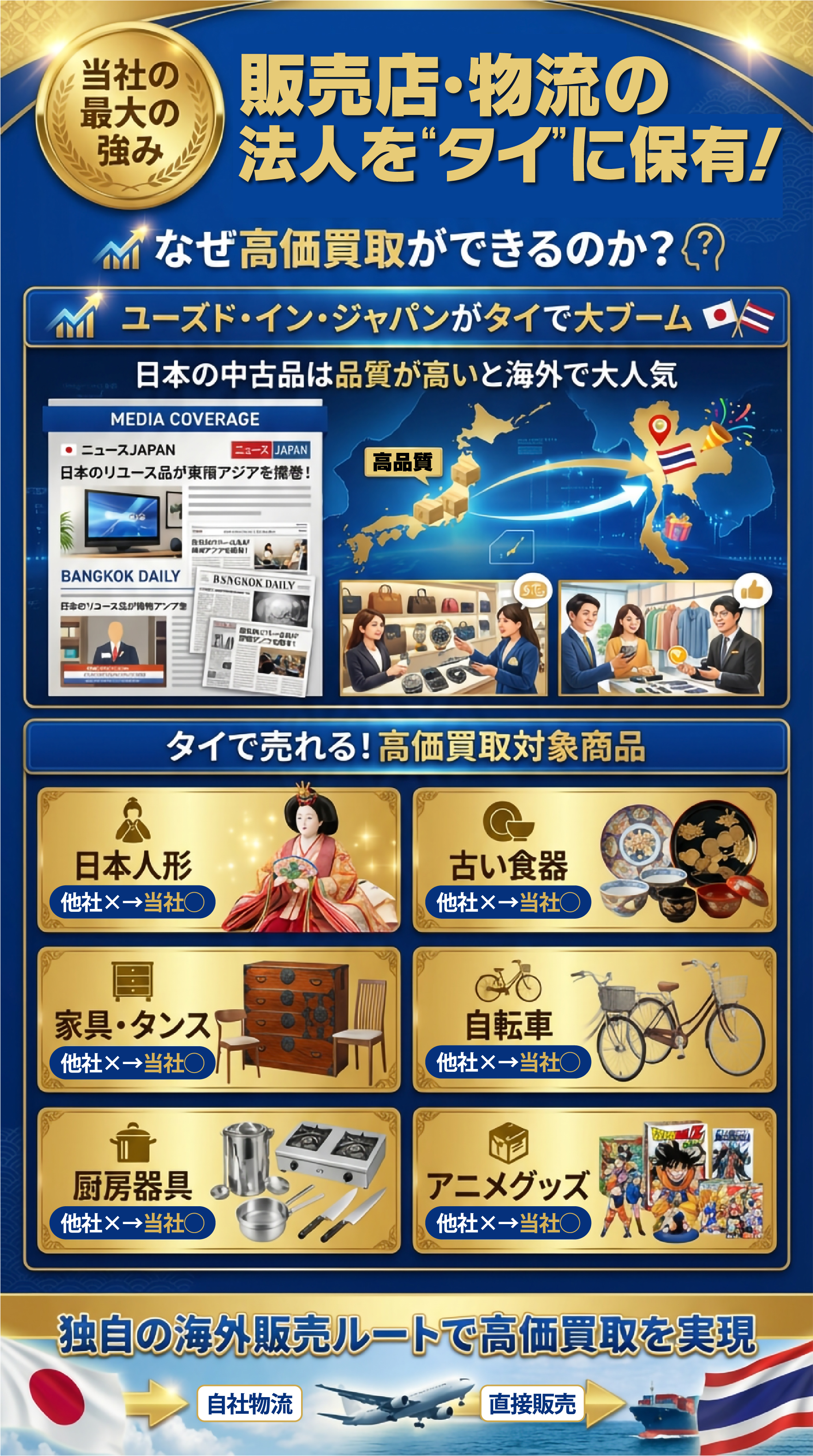 販売店・物流の法人をタイに保有する当社の強みを解説。Used-in-Japan(日本の中古品)のタイでの人気を背景に、独自の海外販売ルートで高価買取を実現。主な買取品目:日本人形、古い食器、家具・タンス、自転車、厨房器具、アニメグッズ。